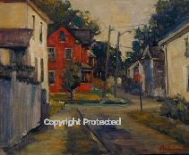 Ron Anderson's oil painting "Red House in German Village"